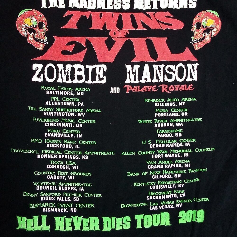 Rob Zombie Marilyn Manson Twins Of Evil Hell Never Dies Tour 2019 T-Shirt - Picture 7 of 7